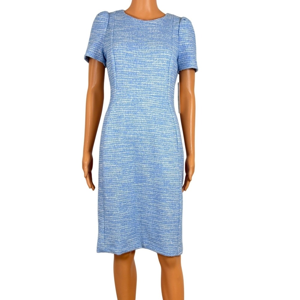 Calvin Klein Light Blue Tweed Sheath Dress Puff Sleeve CD5T59JL Size 8 NEW